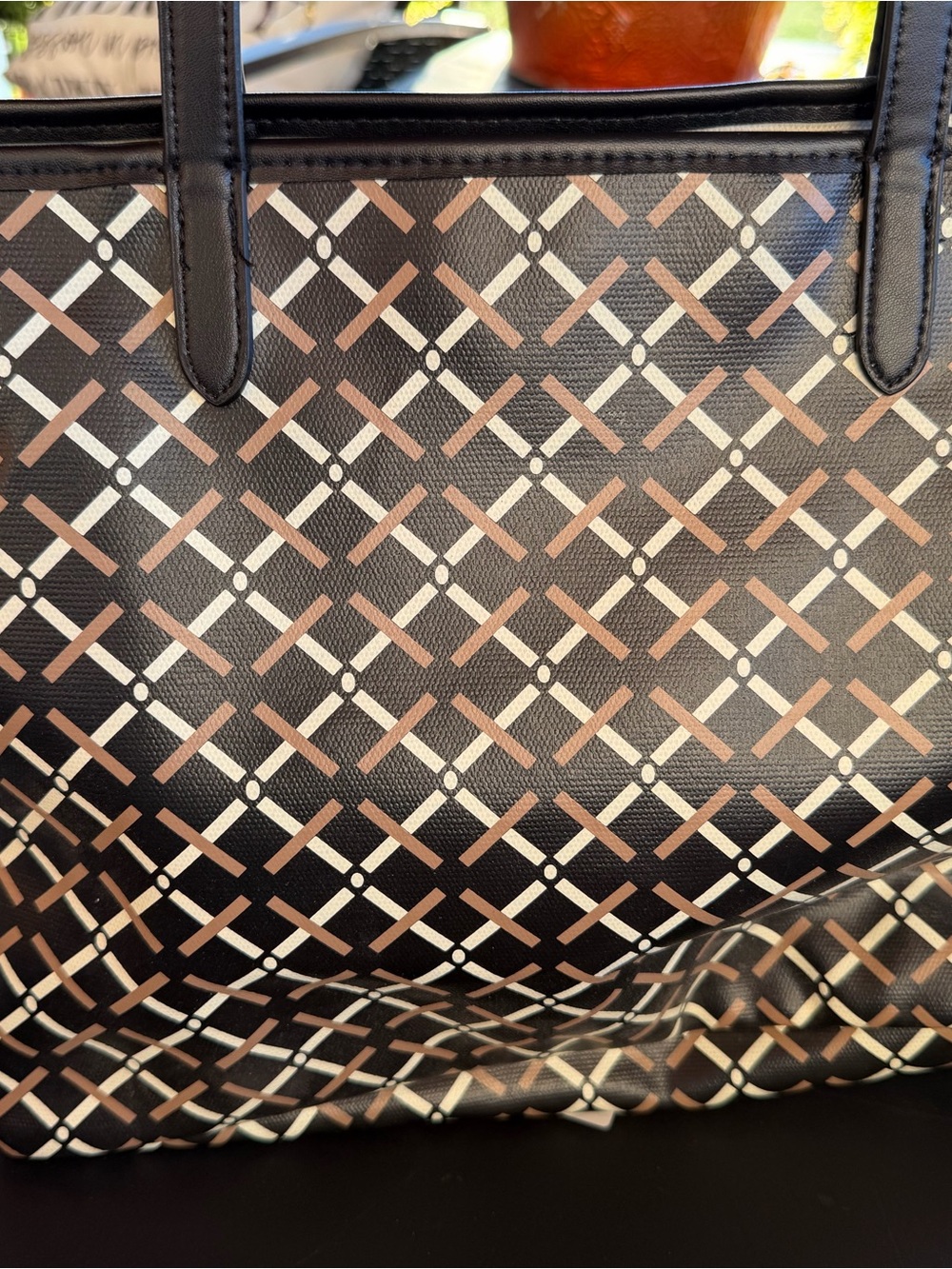 A New Day Black Tote with Taupe and Cream Lattice Pattern.. new